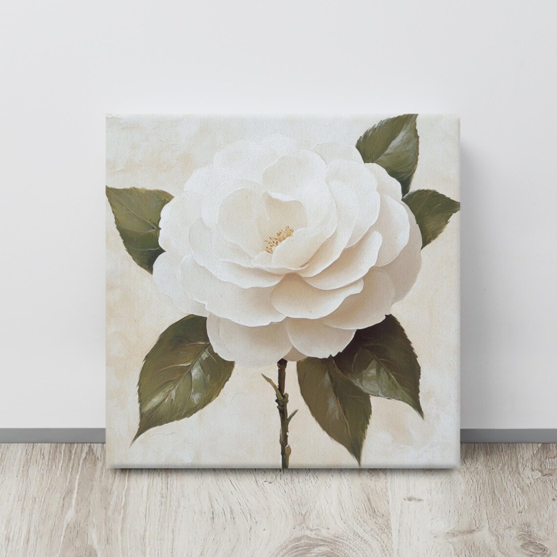 Elegant White Camellia Flower Painting on Cream Botanical Print