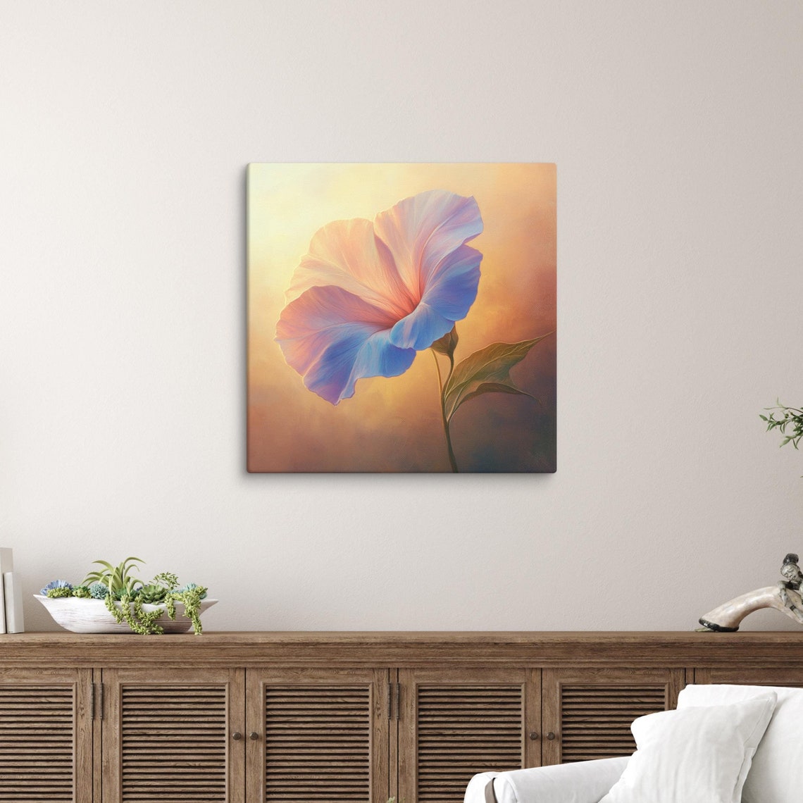 Morning Glory Bloom In Soft Peach Blue Golden Sunrise Poster - Image 5
