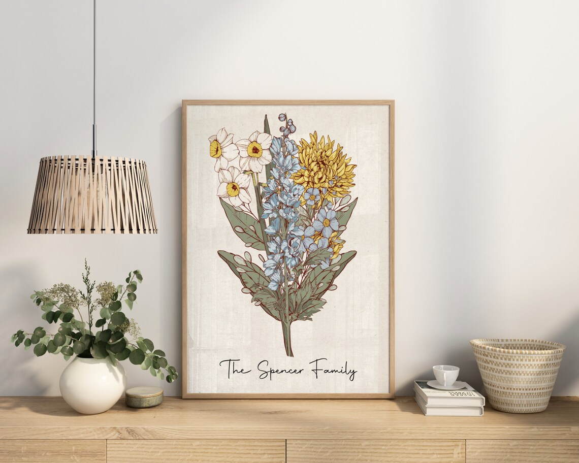 Personalized Family Vintage Birth Flower Bouquet Custom Art Poster - Image 4