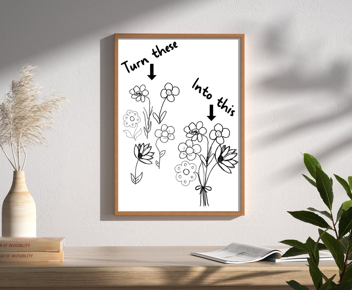 Doodle Flower Bouquet Childlike Line Art Black White Fun Poster - Image 3