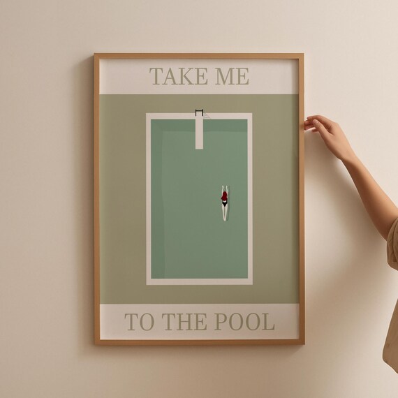 Girl Floating In Pool Retro Green Swimming Pool Art Cute Summer Pool Print Minimalist Beach House Art Lake Pool Decor