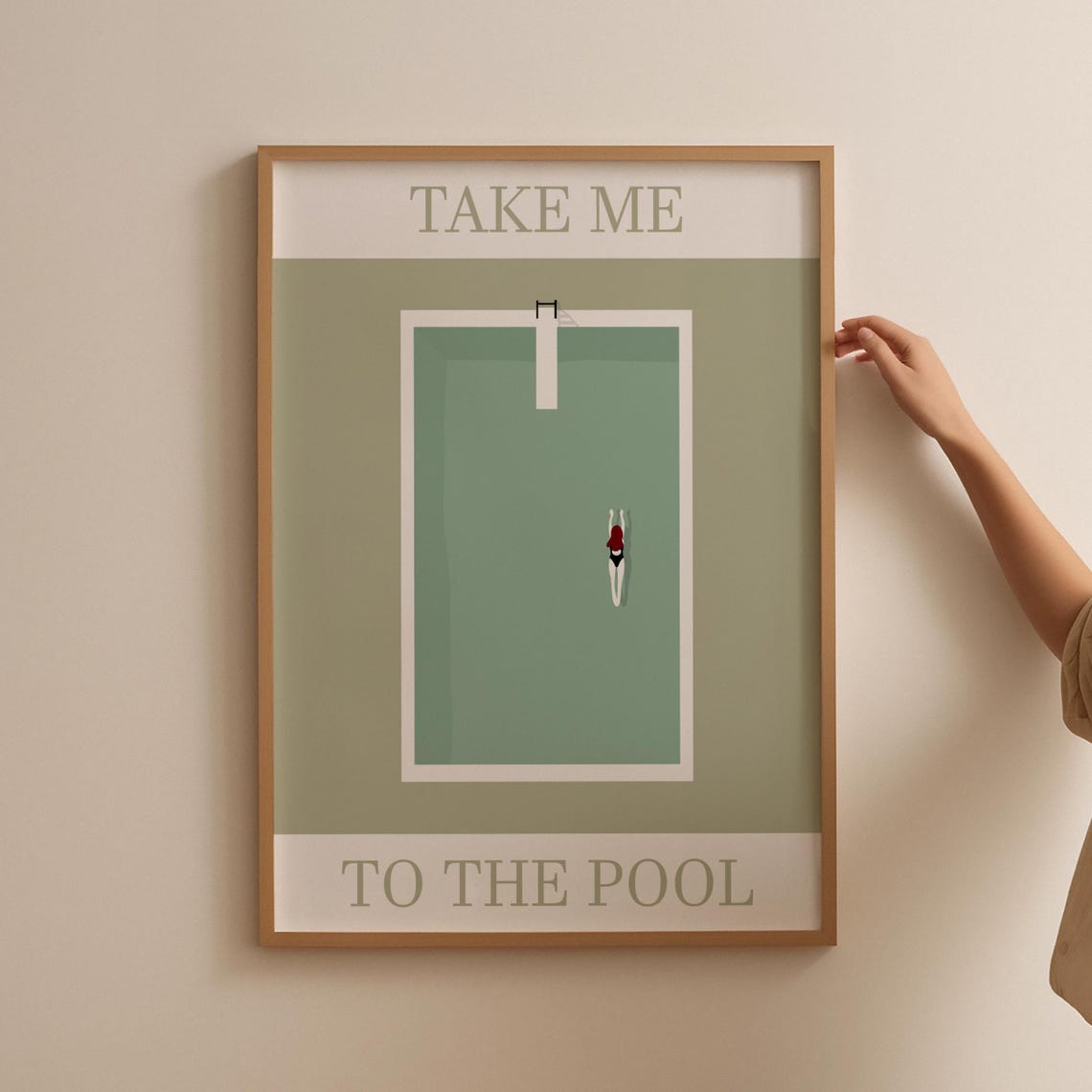 Take Me To The Pool Aerial Swimmer Retro Sage Green Art Poster
