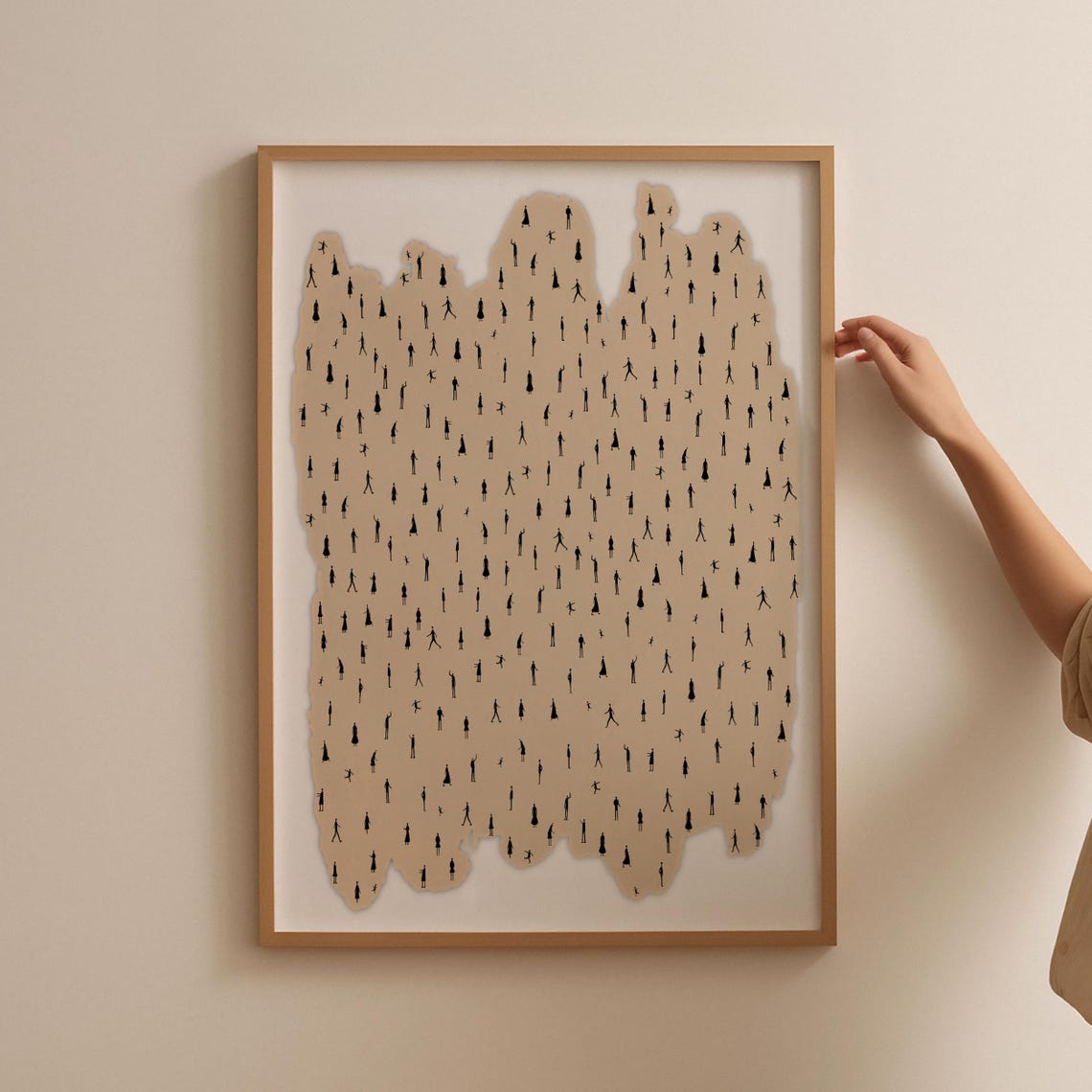 Tiny People Walking Silhouette Crowd Beige Abstract Minimalist Poster
