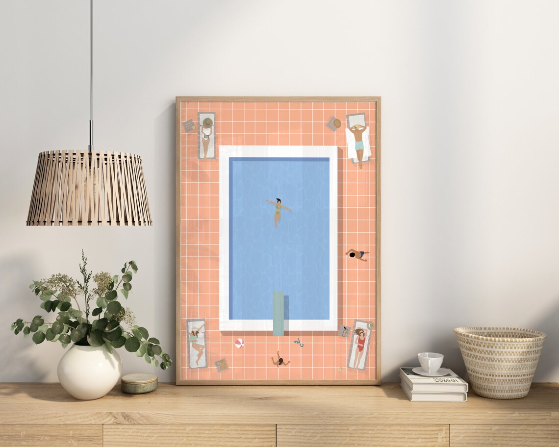 People At Pool Retro Peach Summer Art Print - Image 3
