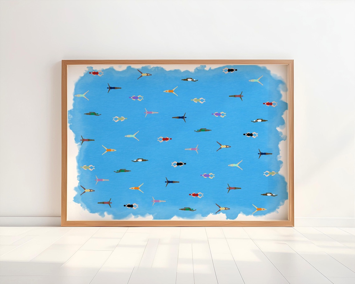 Tiny Women Swimming Watercolor Art Print, Minimalist - Image 3