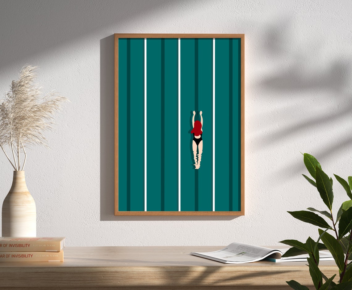 Woman Diving Into Emerald Green Pool Retro Swim Minimalist Poster - Image 2