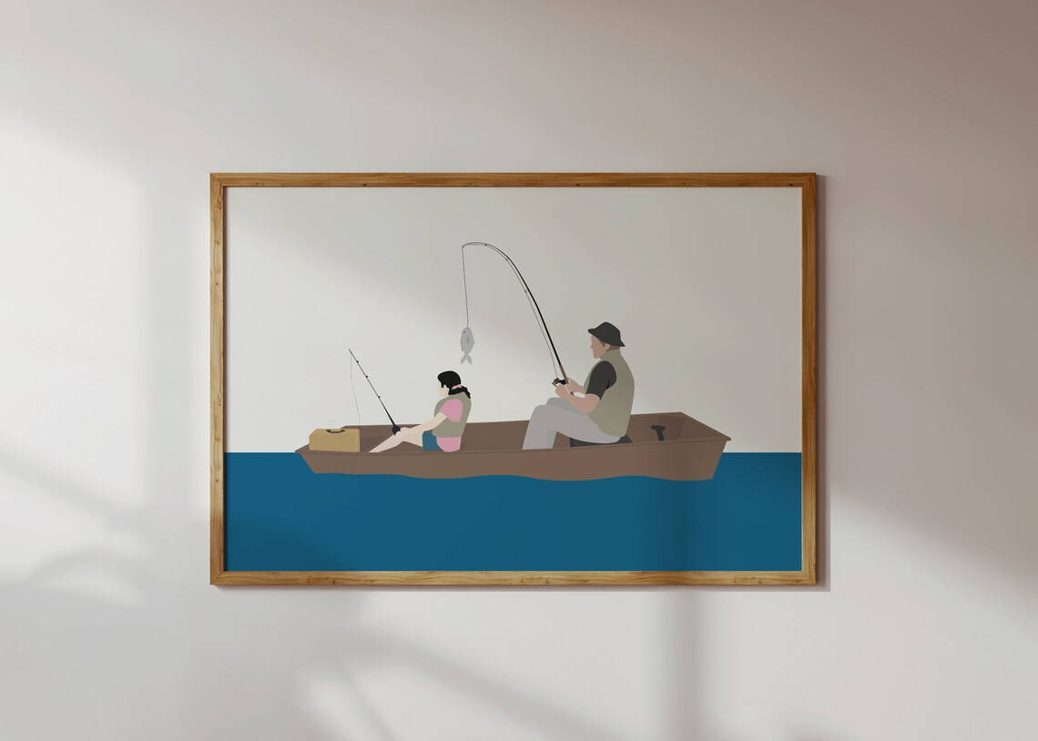 Father Child Fishing Boat Day Minimalist Lake Scene Art Poster - Image 3