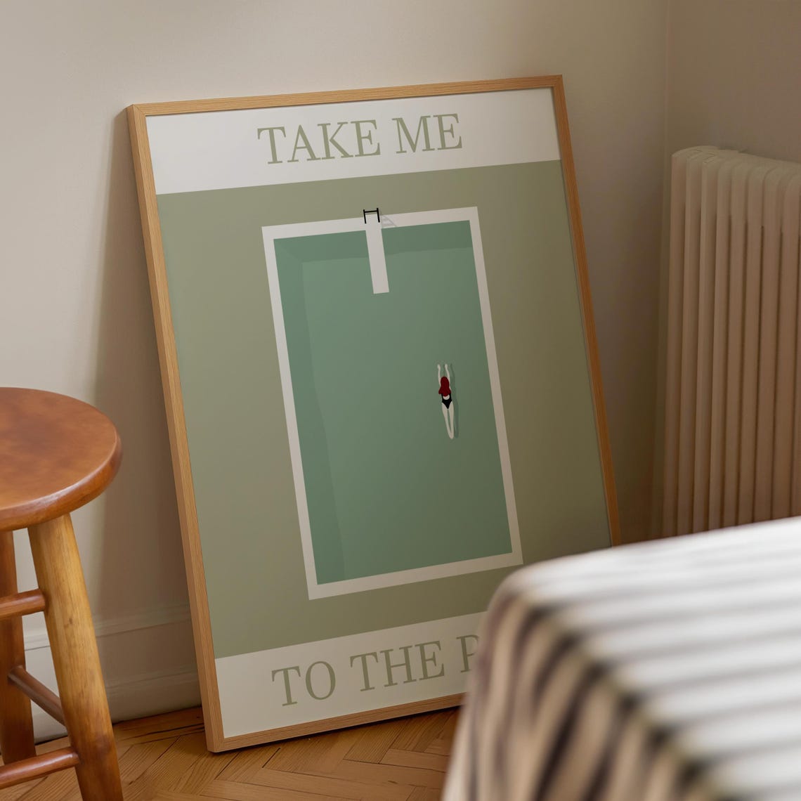 Take Me To The Pool Aerial Swimmer Retro Sage Green Art Poster - Image 3