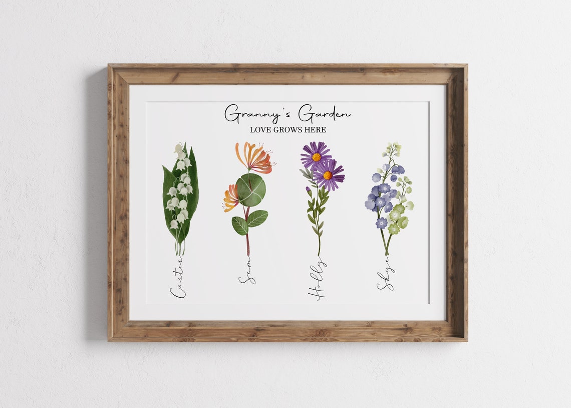 Personalized Grannys Garden Birth Flower Family Name Art Poster