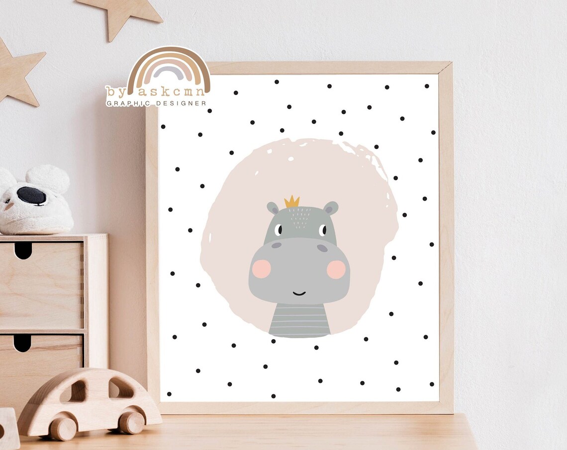 Baby Hippo Nursery Little Crown Polka Dot Safari Kids Room Poster