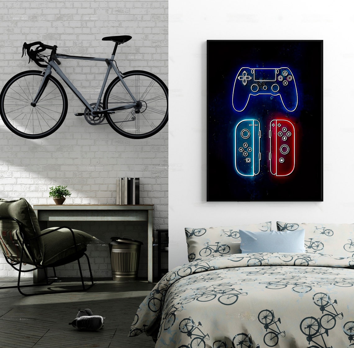 Blue Red Neon Gaming Controller Duo Poster for Teen Gamer Bedroom Wall