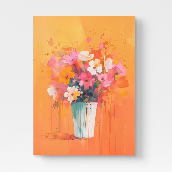 Bold Floral Still Life Print Unframed Abstract Expressionism Artwork With Pink Orange Blossoms Vibrant Modern Wall Art Decor