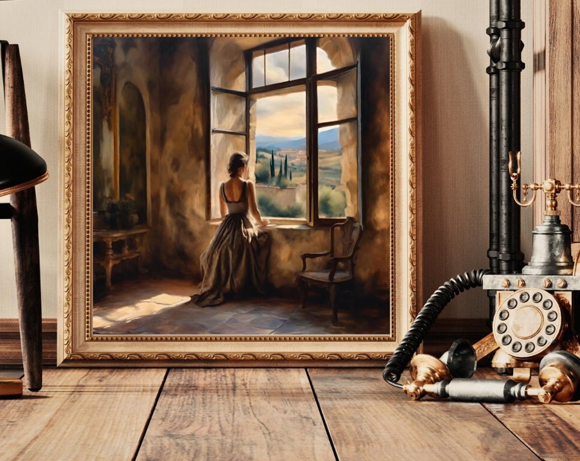 Woman at Open Window Overlooking Hills Romantic Vintage Painting Print - Image 4