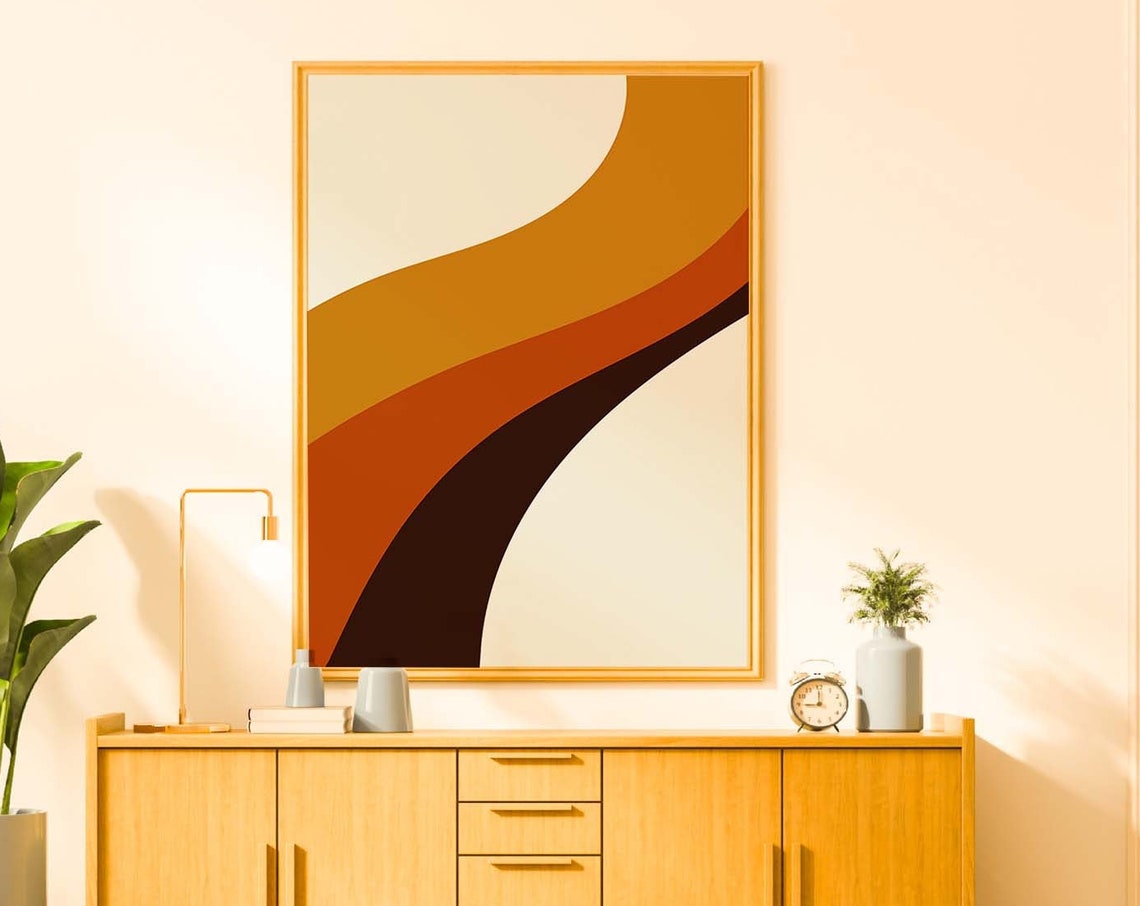 Retro 70s Curved Rainbow Bands Abstract Art Poster with Warm Tones