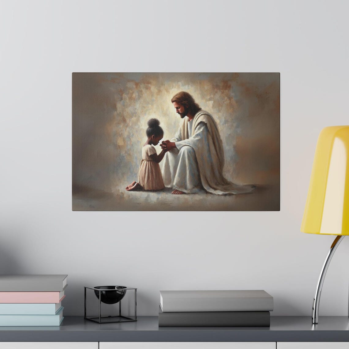 Jesus Praying With A Little Girl Warm Golden Light Art Poster - Image 2