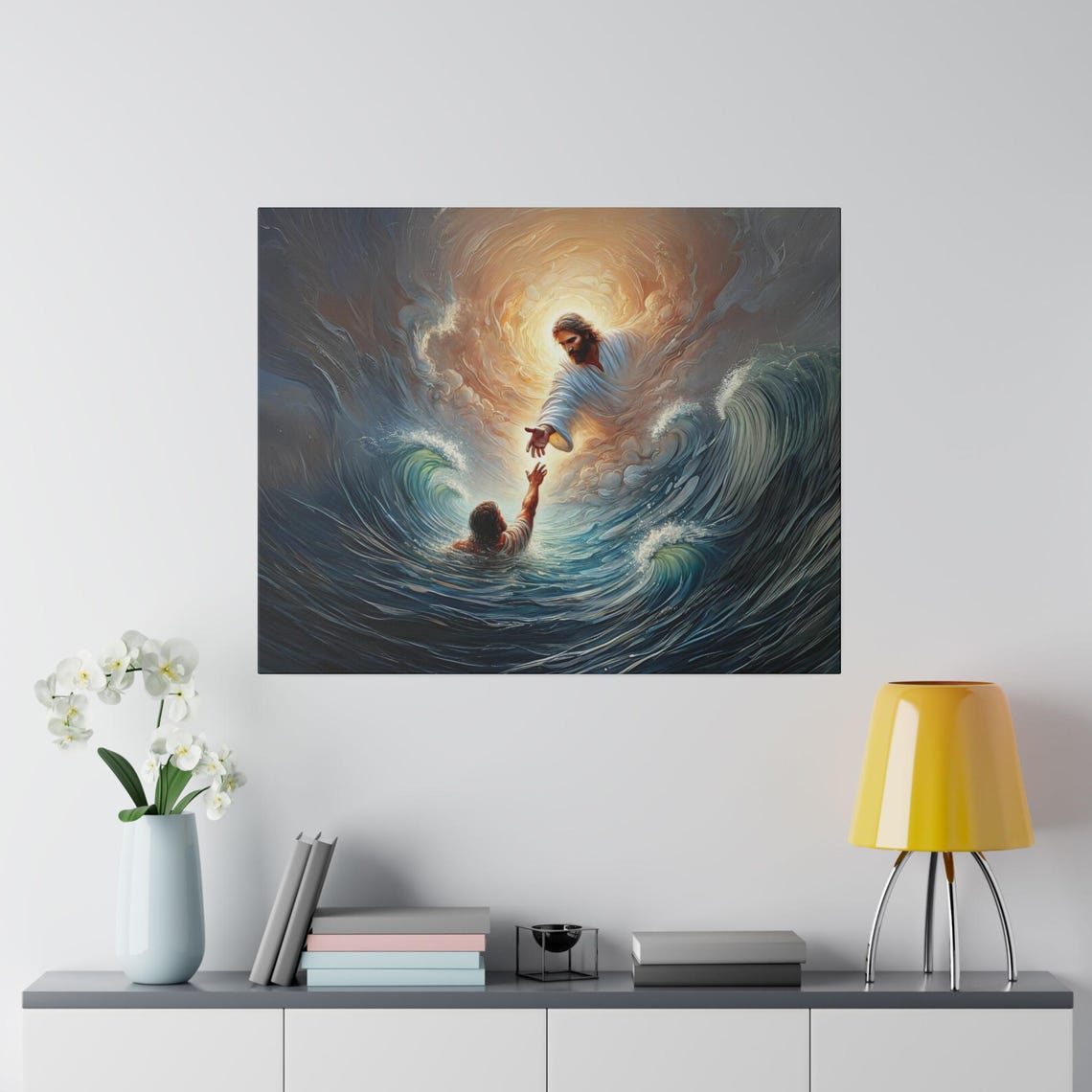 Hopeful Jesus Reaching Sinking Peter In The Stormy Sea Poster - Image 2