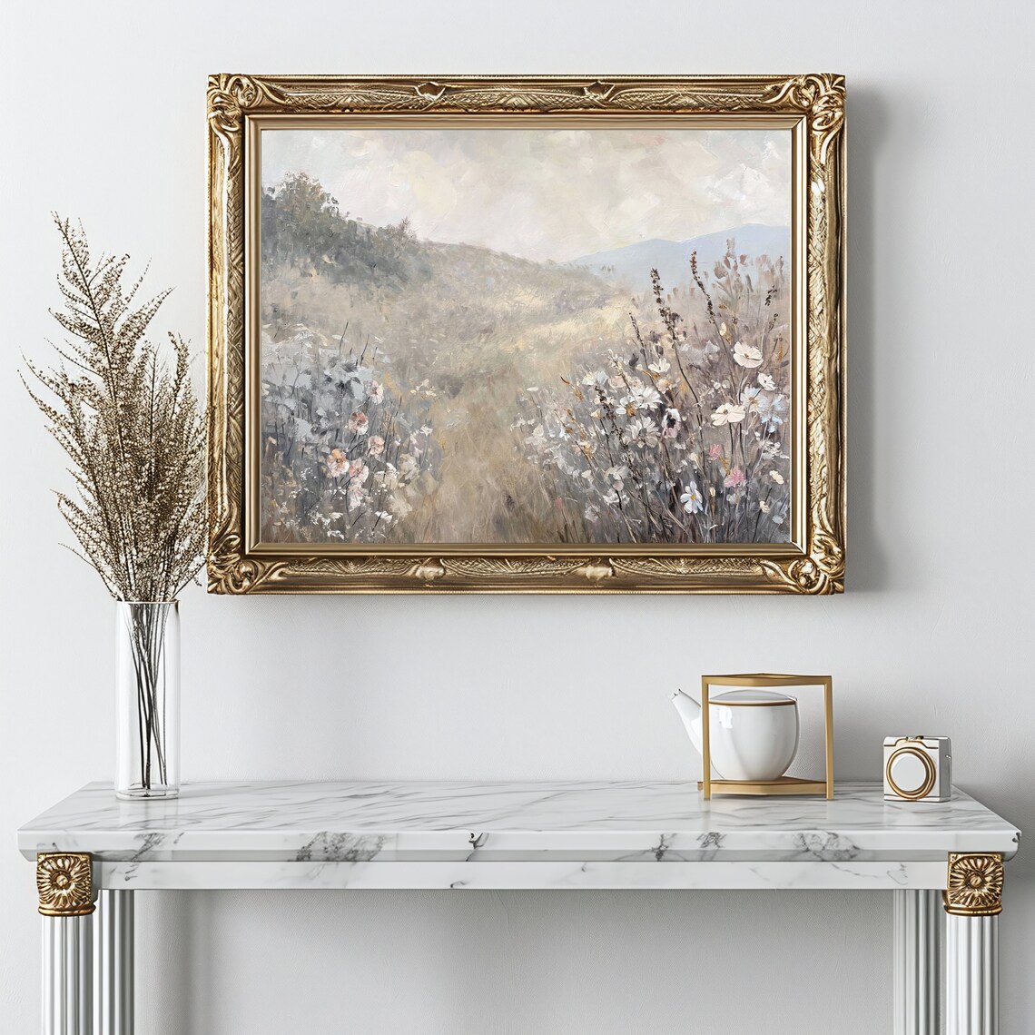 Soft Neutral Wildflower Meadow Dreamy Country Landscape Vintage Style Print - Image 2