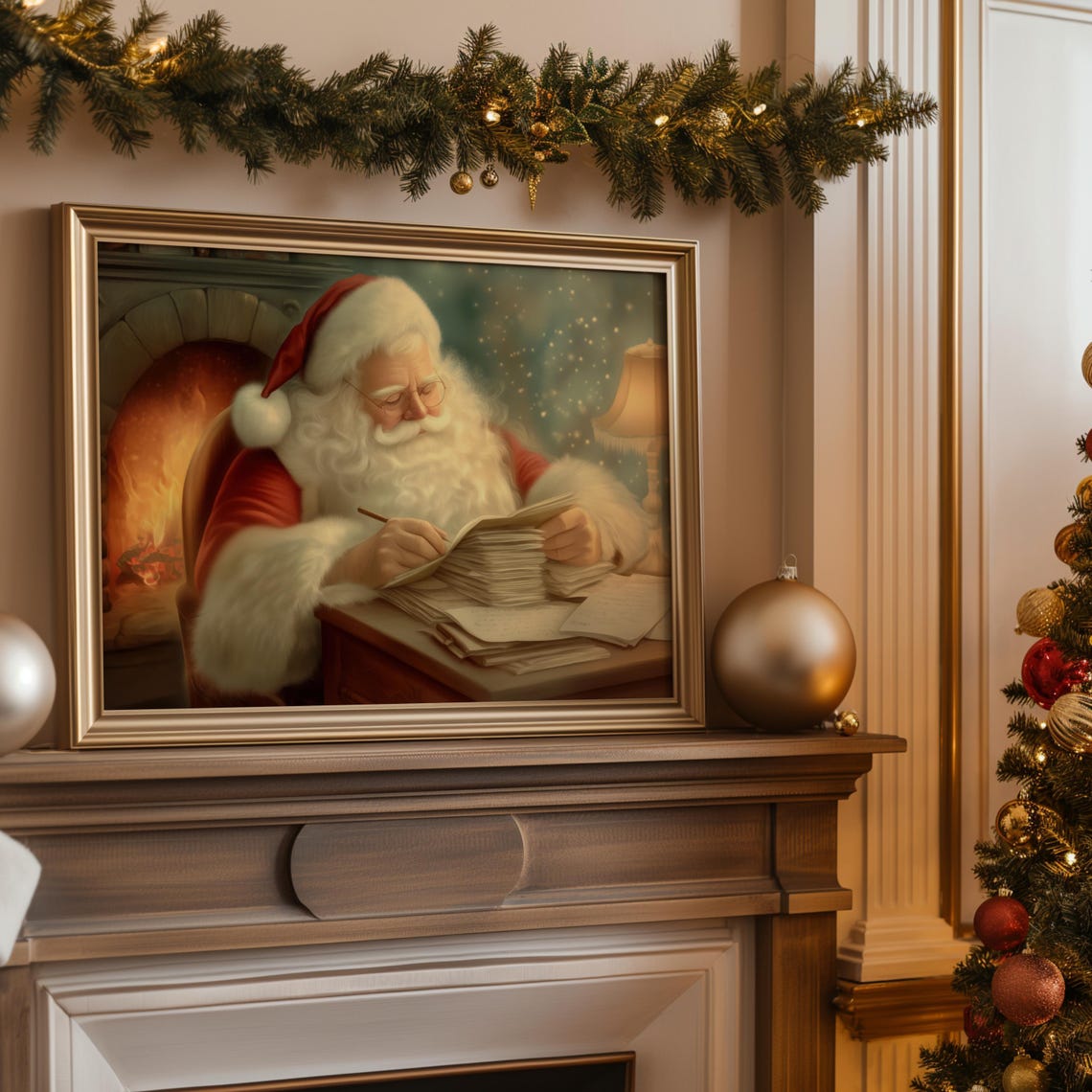 Santa Claus Writing Letters by the Fireplace Christmas Poster - Image 2