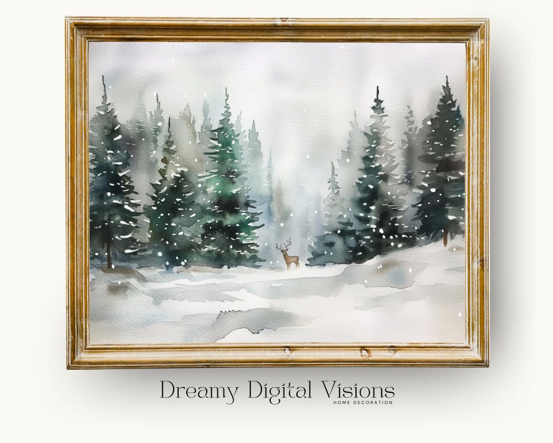 Watercolor Snowy Pine Forest With a Deer Christmas Art Poster
