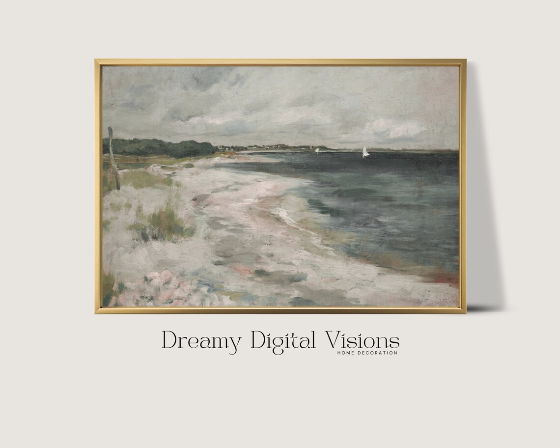 Muted Pastel Beach Seascape with Sailboat Cloudy Sky Vintage Coastal Print
