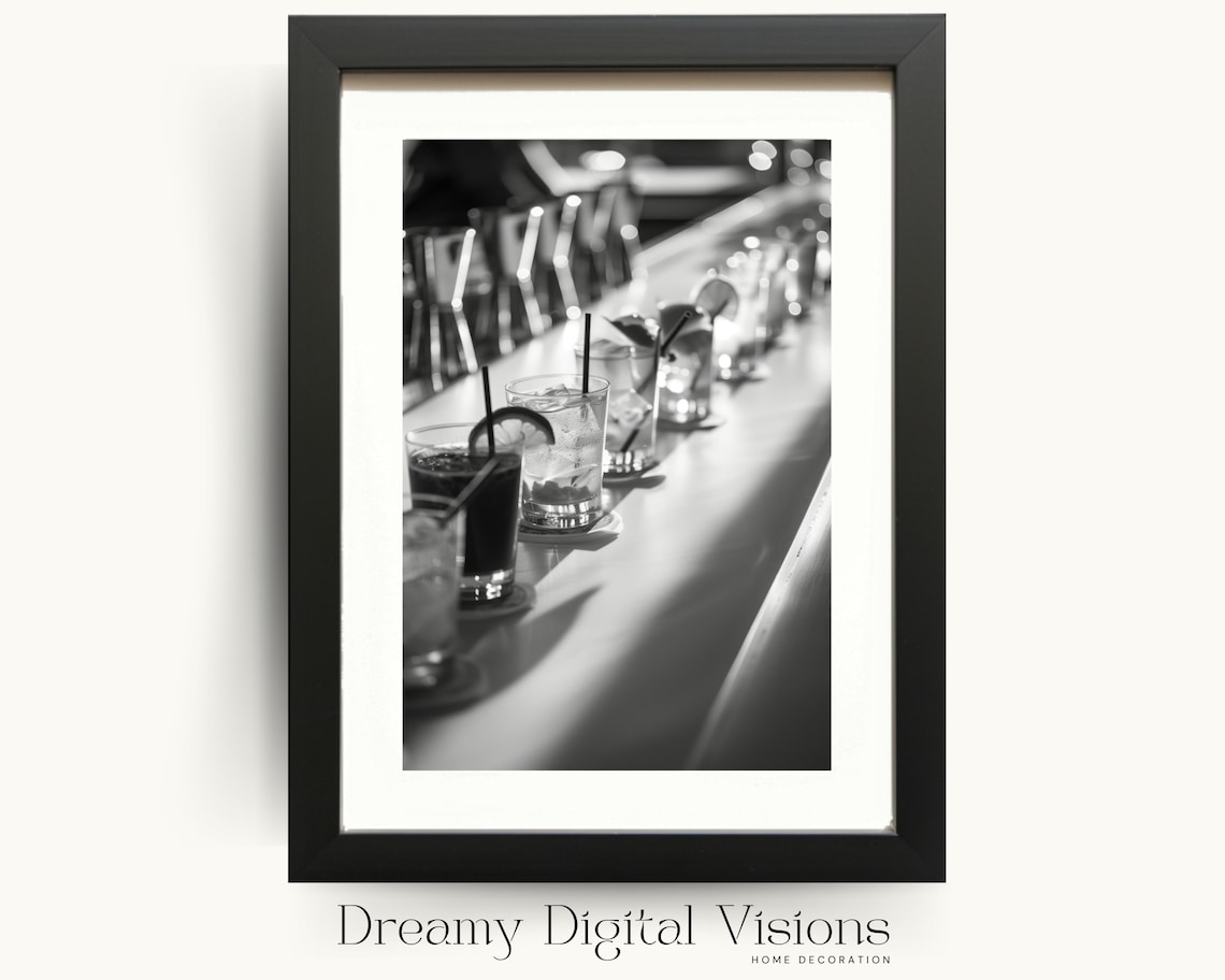 Cocktail Row Bar Poster Black And White Drinks Photo Home Wall Decor For Parties