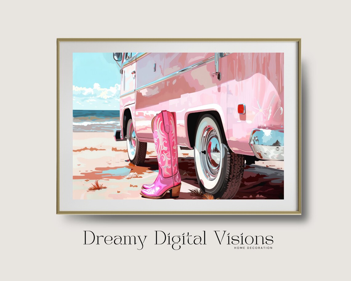 Pink Cowgirl Boots by Camper Van at Beach Coastal Western Summer Poster