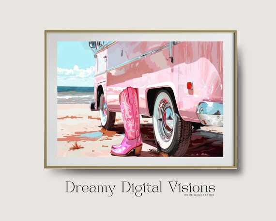 Pink Cowgirl Boots by Camper Van at Beach Coastal Western Summer Poster
