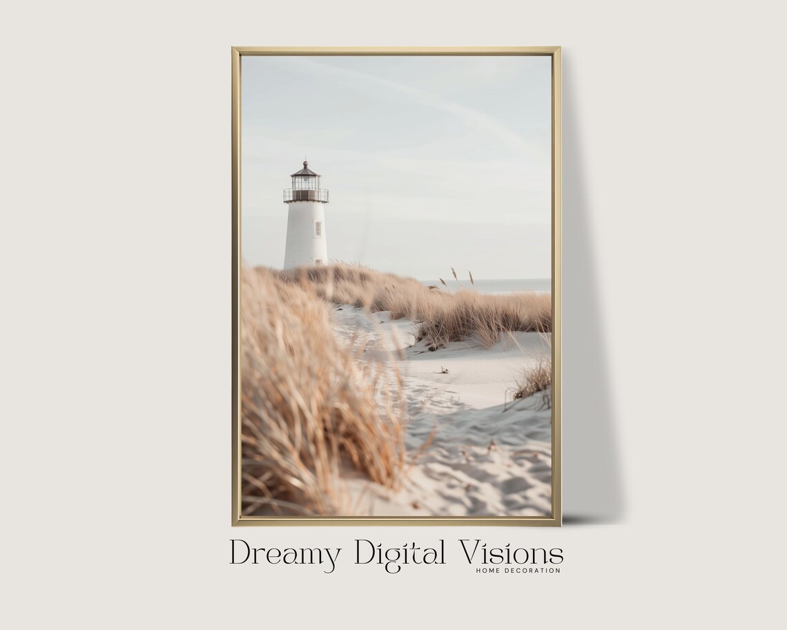 Neutral Lighthouse Beach Painting, Coastal Wall Art