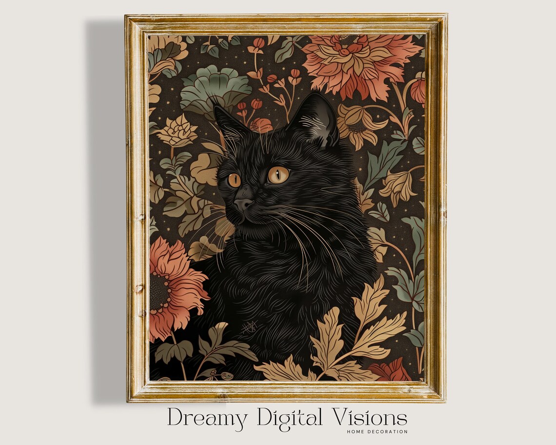 Black Cat, William Morris Style Cat Art Print