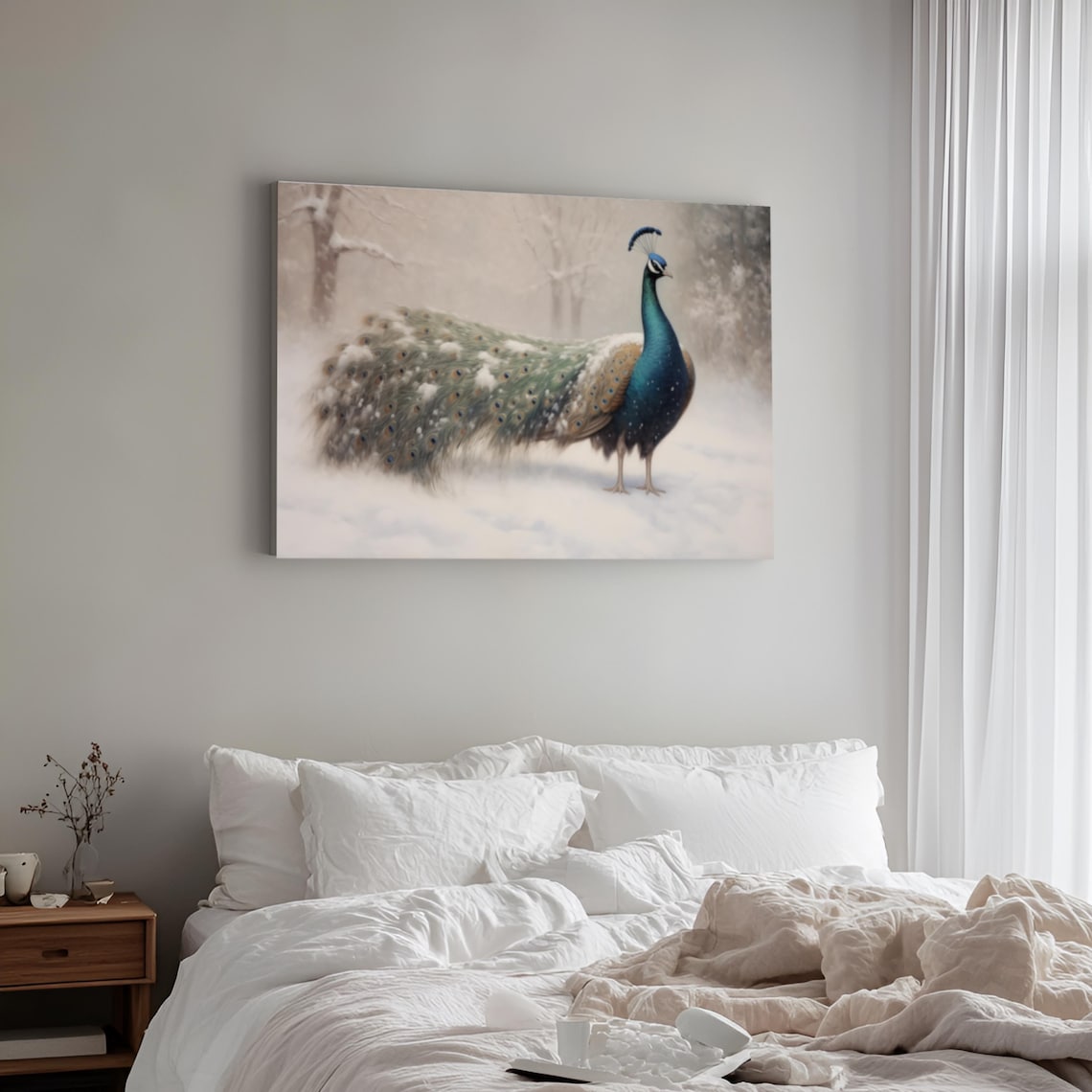 Peacock Standing in Snow Elegant Winter Wildlife Painting Poster - Image 3