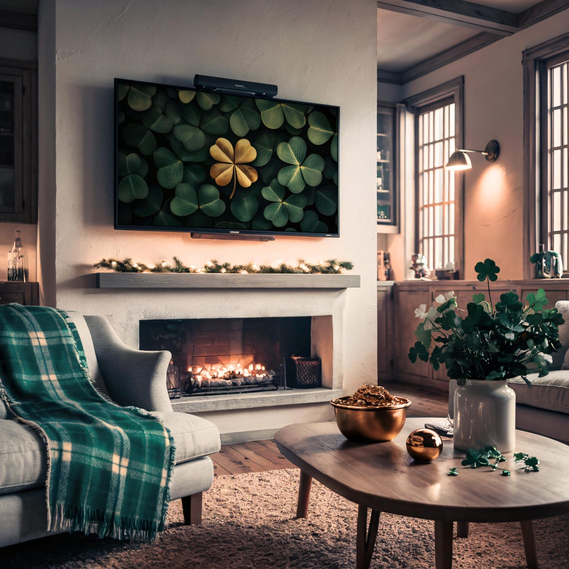 Golden Four Leaf Clover Among Green Clovers TV Frame Art Poster - Image 2