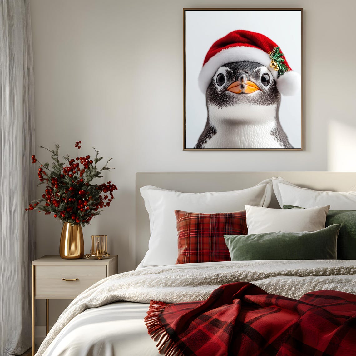Baby Penguin in a Santa Hat Christmas Animal Portrait Poster - Image 2