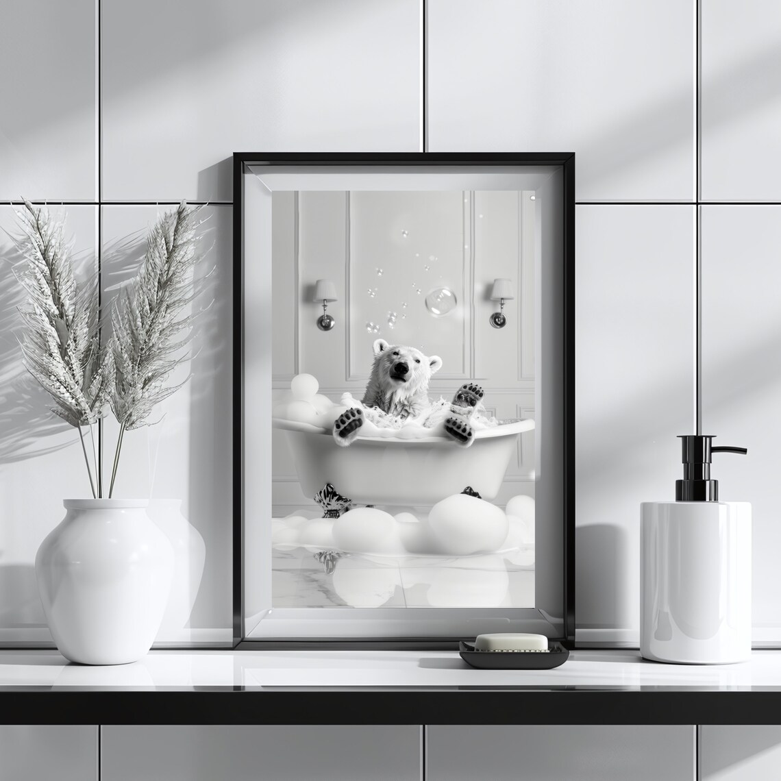 Polar Bear Relaxing in Bubble Bath Black and White Funny Bathroom Poster - Image 3