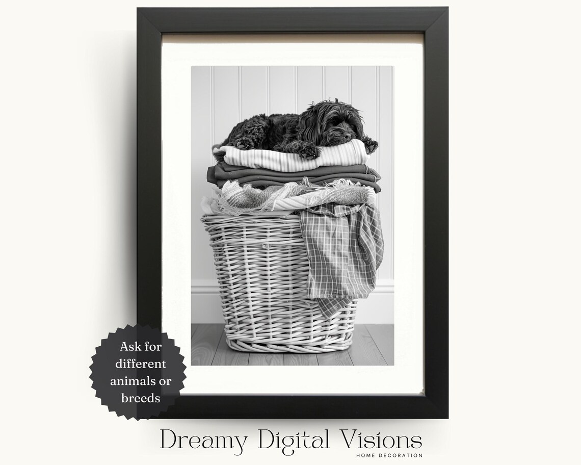 Black Maltipoo Puppy Asleep on Laundry Basket Art Print