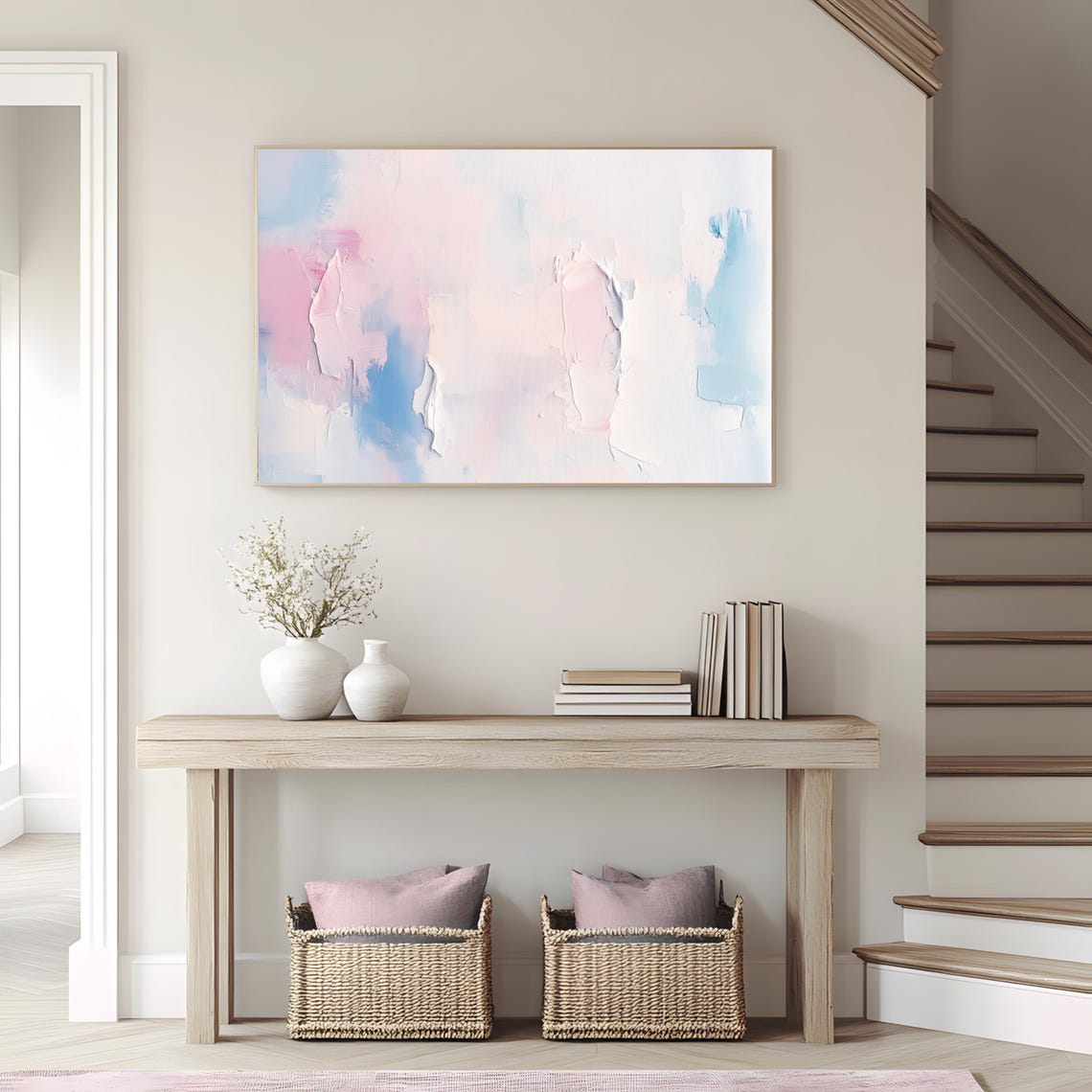 Soft Pastel Pink and Blue Abstract Textured Painting Style Poster - Image 3