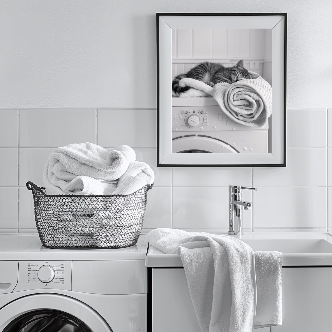 Cute Kitten Asleep on Washing Machine Art Print - Image 2