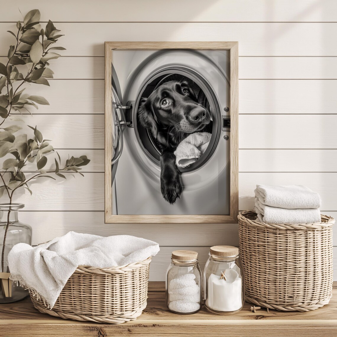 Funny Dog Peeking Out of a Washing Machine Black and White Poster - Image 3
