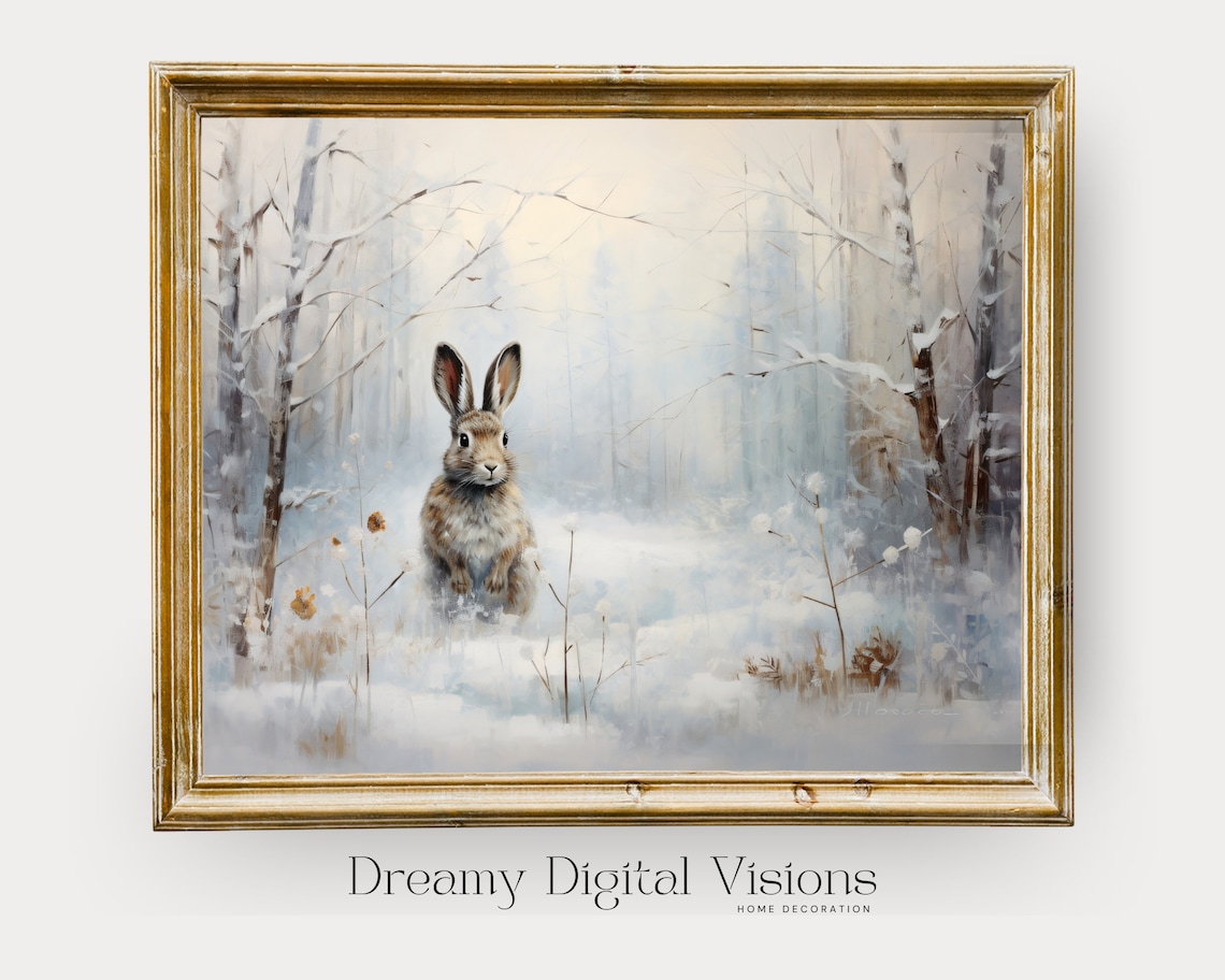 Cute Rabbit in a Snowy Forest Watercolor Winter Animal Poster