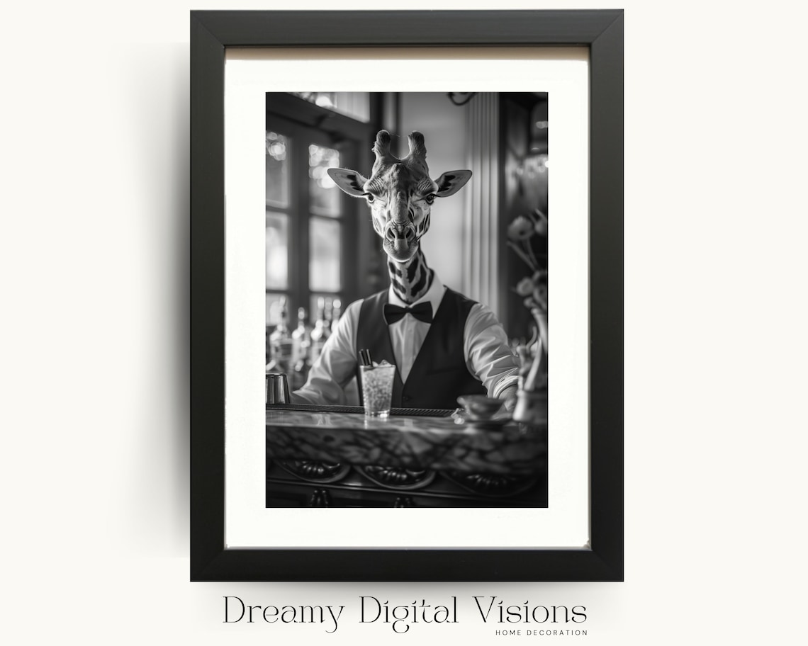 Giraffe Bartender Bar Poster Funny Black And White Animal Photo Home Wall Decor