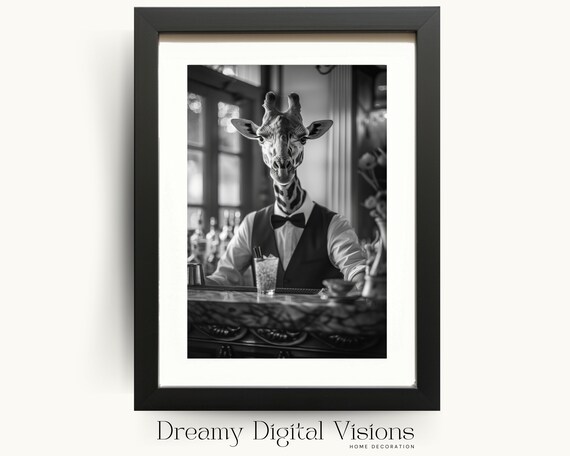 Giraffe Bartender Bar Poster Funny Black And White Animal Photo Home Wall Decor