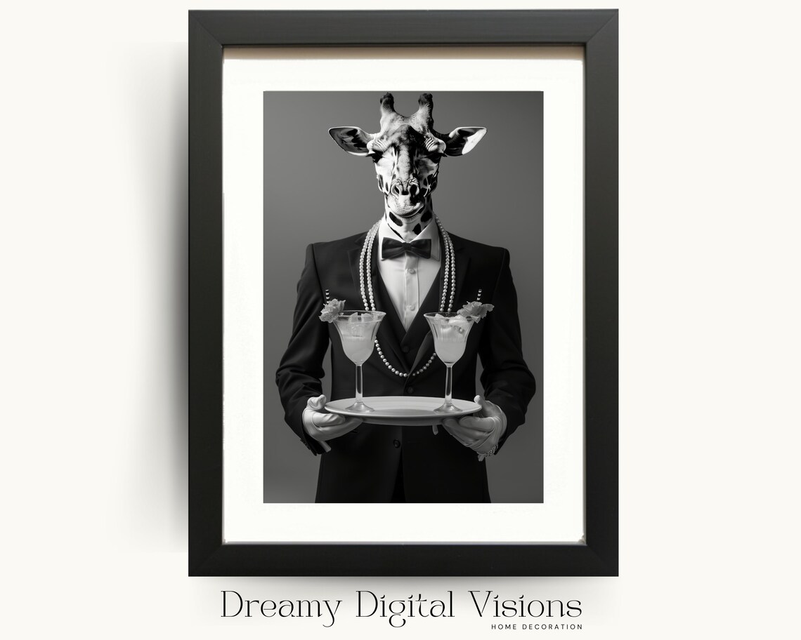 Giraffe Waiter Bar Cart Poster Funny Black And White Animal Photo Wall Decor