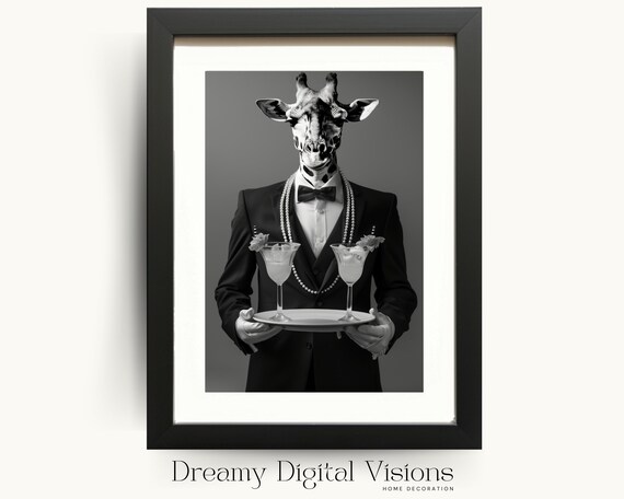 Giraffe Waiter Bar Cart Poster Funny Black And White Animal Photo Wall Decor