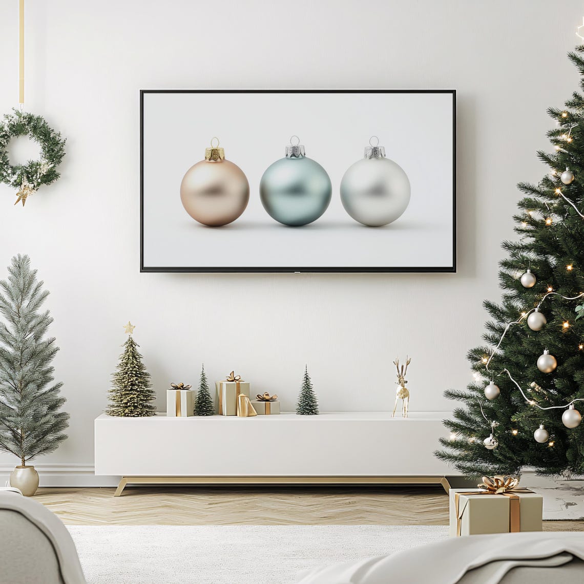 Three Minimalist Christmas Baubles Champagne Sage White Holiday Poster - Image 3
