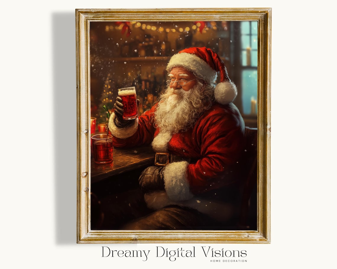 Father Christmas Bar Cart Print, Vintage Christmas Decor