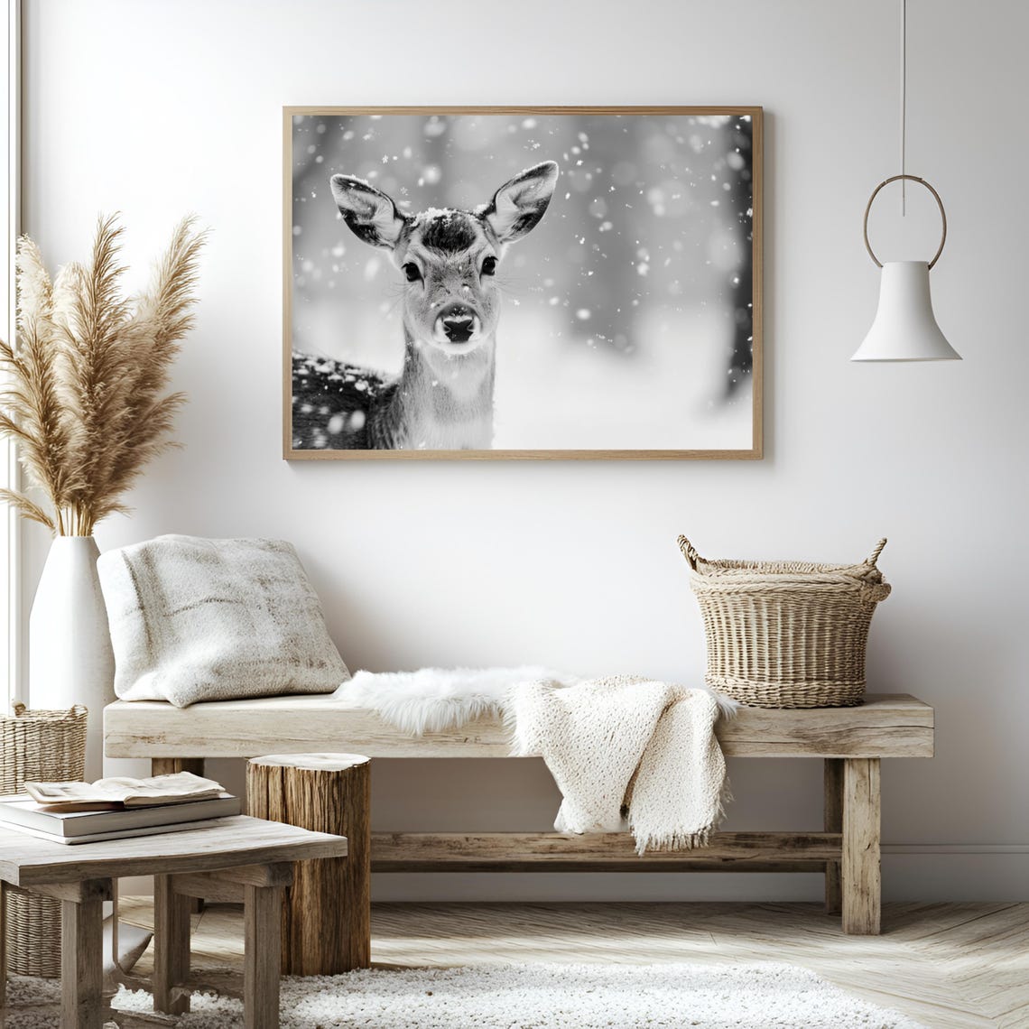 Baby Deer Fawn in Falling Snow Black and White Close Up Poster - Image 3