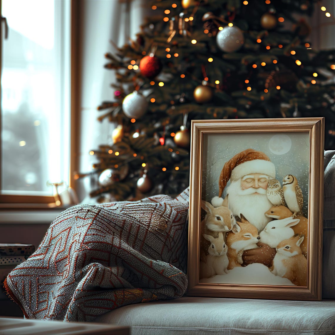 Father Christmas With Woodland Animals Print Christmas Woodland Creatures Print Snowy Forest Christmas Art Vintage Father Christmas Print - Image 3