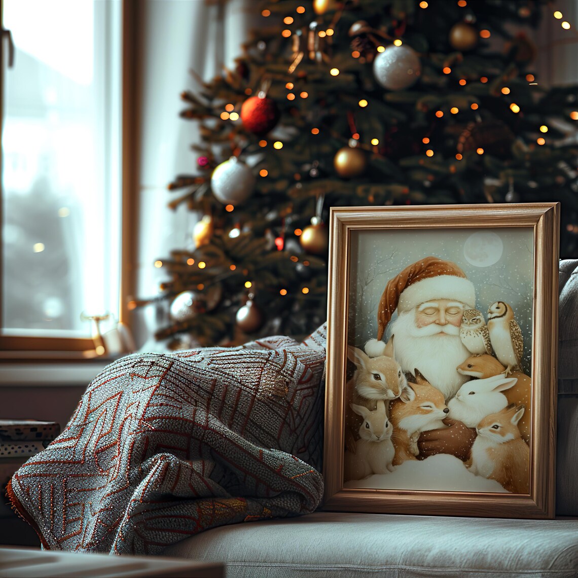 Santa Claus Cuddling Forest Animals in Moonlit Snow Christmas Poster - Image 3