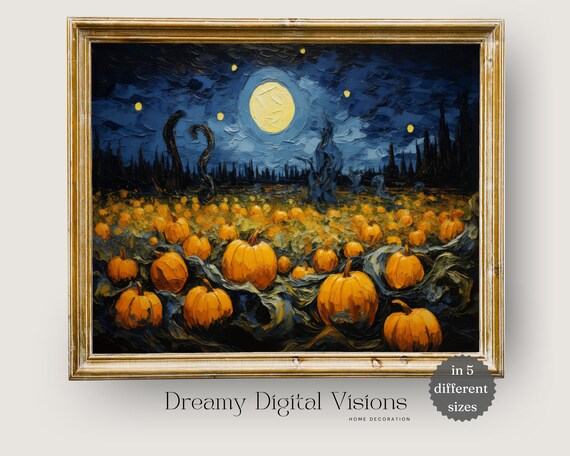 Starry Night Pumpkin Patch Full Moon Halloween Impasto Poster