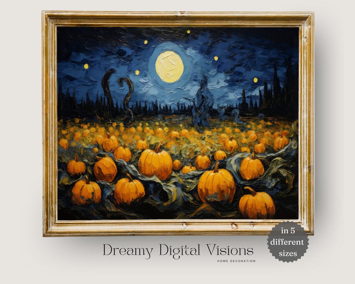 Starry Night Pumpkin Patch Full Moon Halloween Impasto Poster