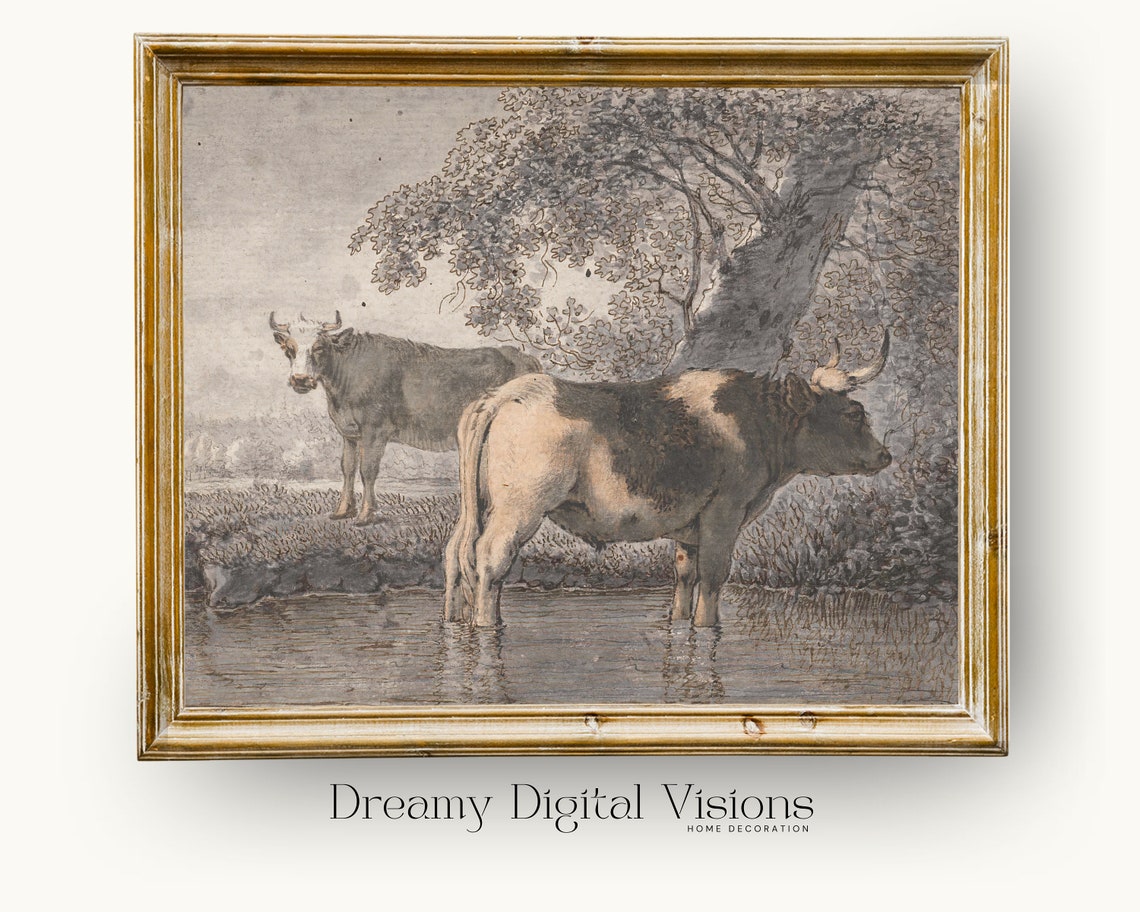 Vintage Cow Sketch Two Cows Watering Tree Antique Farmhouse Poster